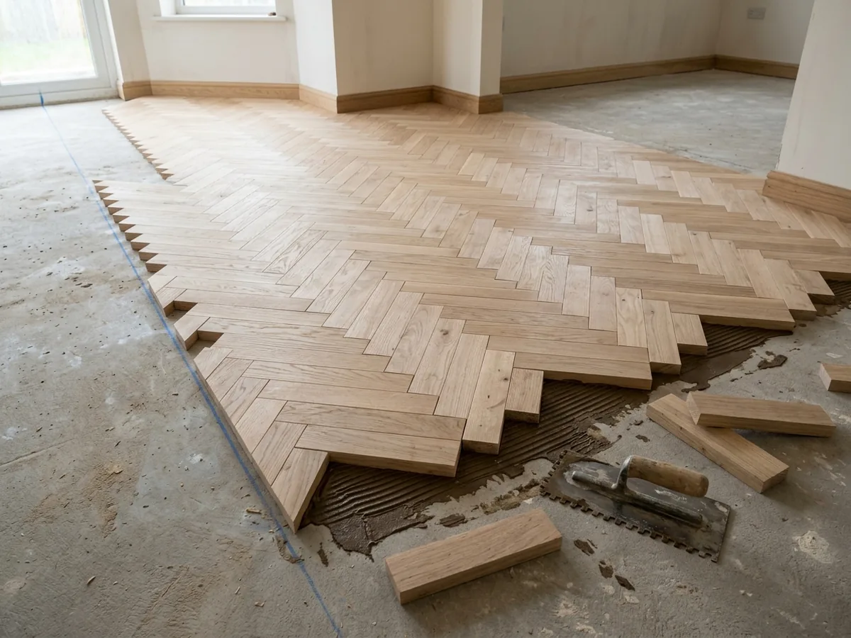 Freshly laid new oak parquet in a herringbone-block pattern spreading from a chalk line in an empty room