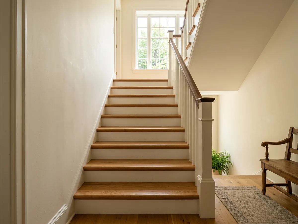 New solid oak stair treads with white painted risers on an interior staircase
