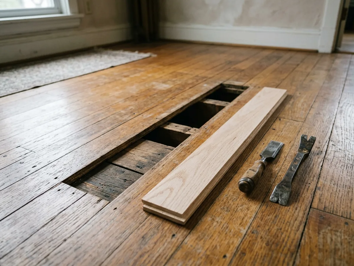 Damaged oak floorboard cut out of a floor with a new matching board beside the opening
