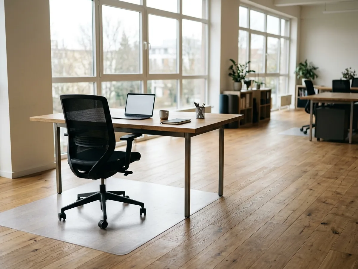 Engineered oak floor in an open office with a clear chair mat under a desk chair