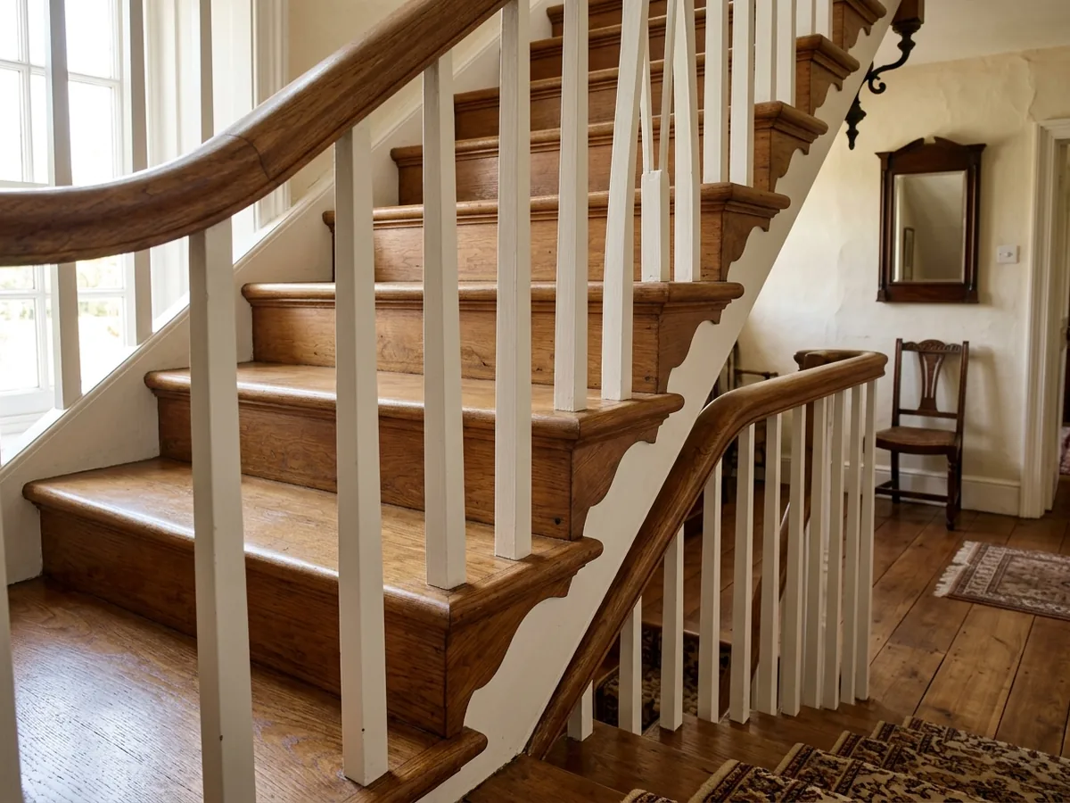 Open-sided oak staircase with mitered tread returns and balusters set into the treads