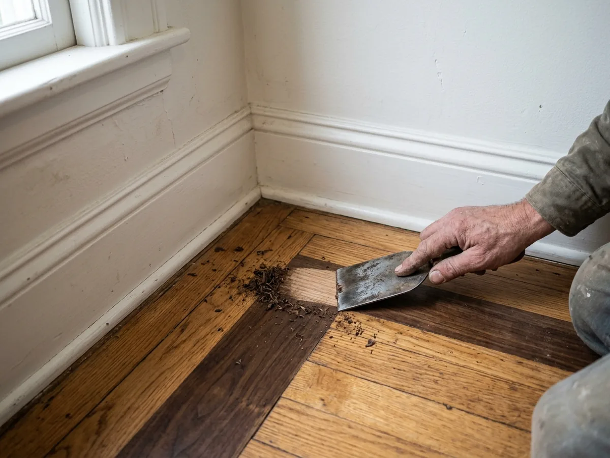 Dark wood border strip in an original oak floor being scraped clean by hand at a room corner