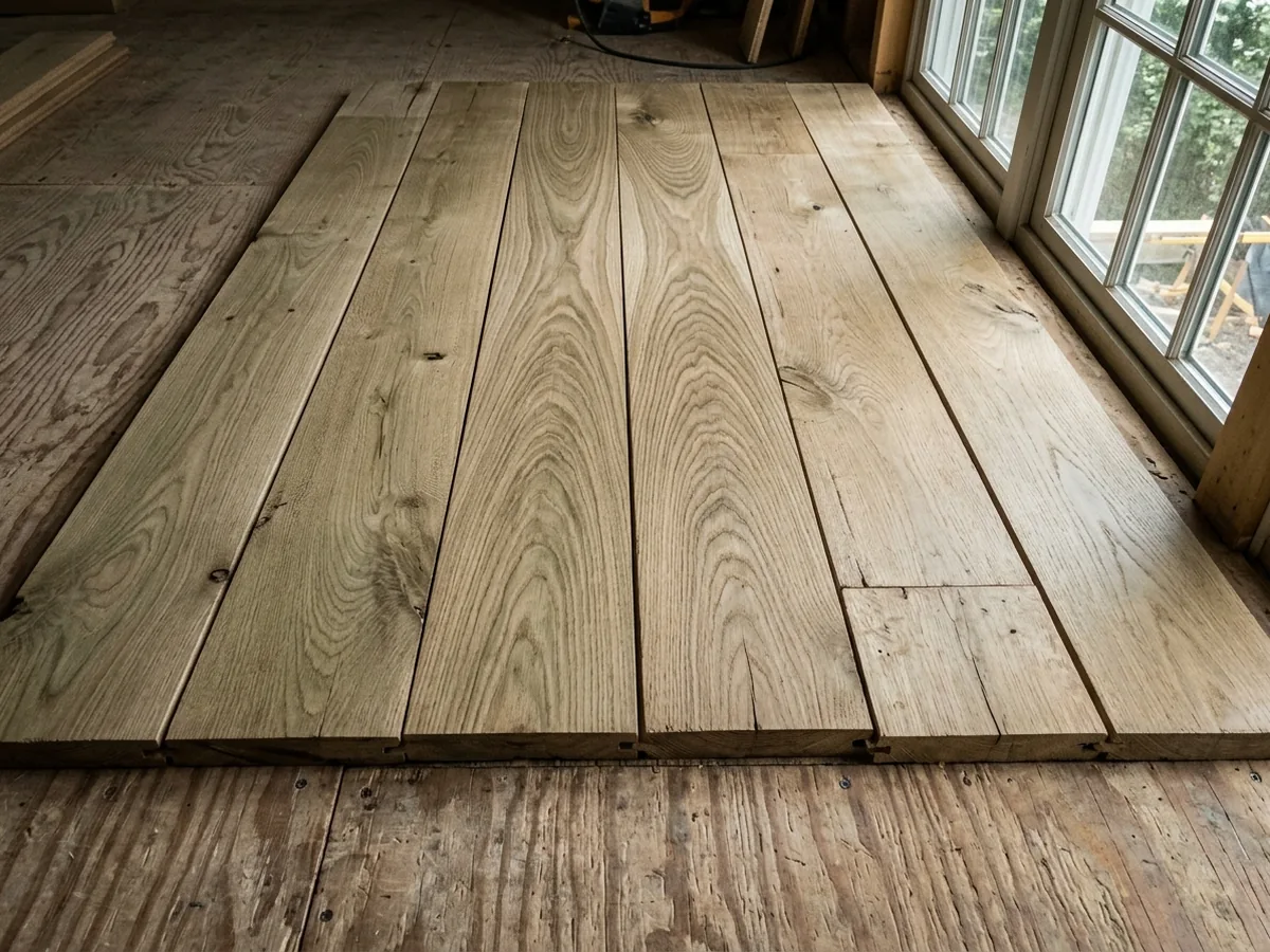 Unfinished plain-sawn white oak boards showing arched cathedral grain patterns side by side