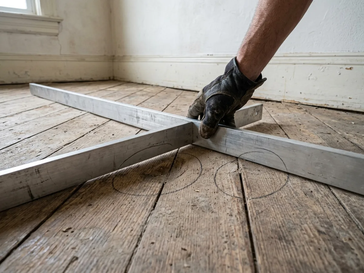 Long aluminum straightedge laid across a plank subfloor with pencil marks circling a low spot and a high seam
