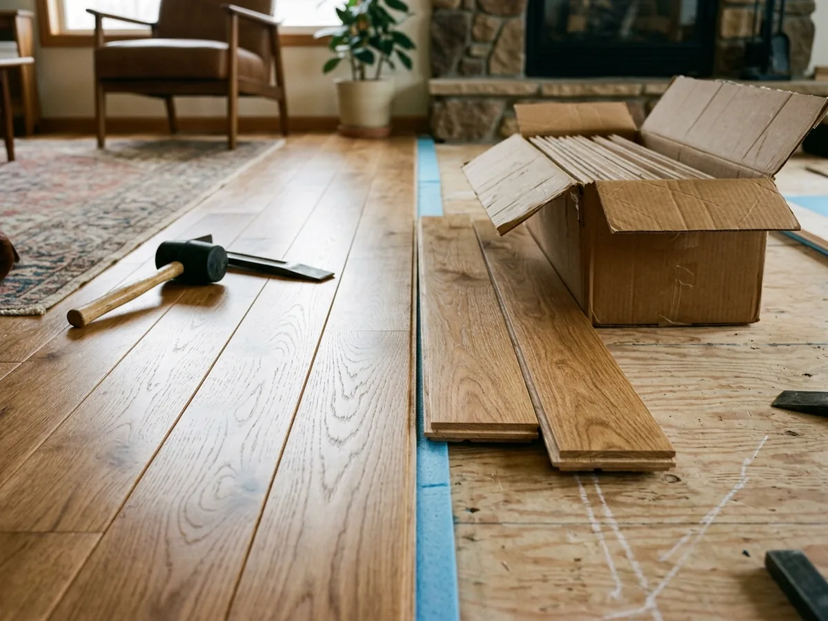 Prefinished solid oak planks with factory-coated surfaces and small beveled edges stacked beside a half-finished room