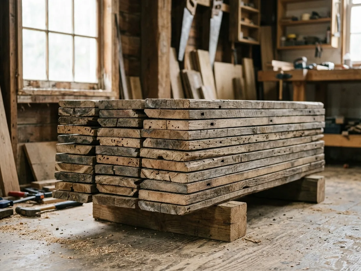 Weathered reclaimed oak and wormy chestnut boards with old nail holes and saw marks stacked in a dry room