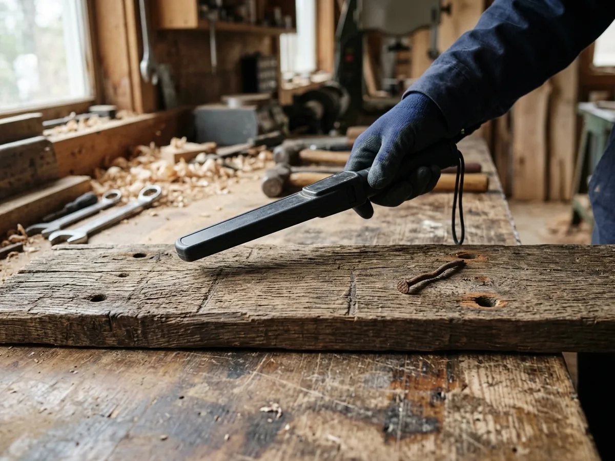 Hand-held metal detector wand passing over a rough reclaimed barn board with old nail holes on a mill table