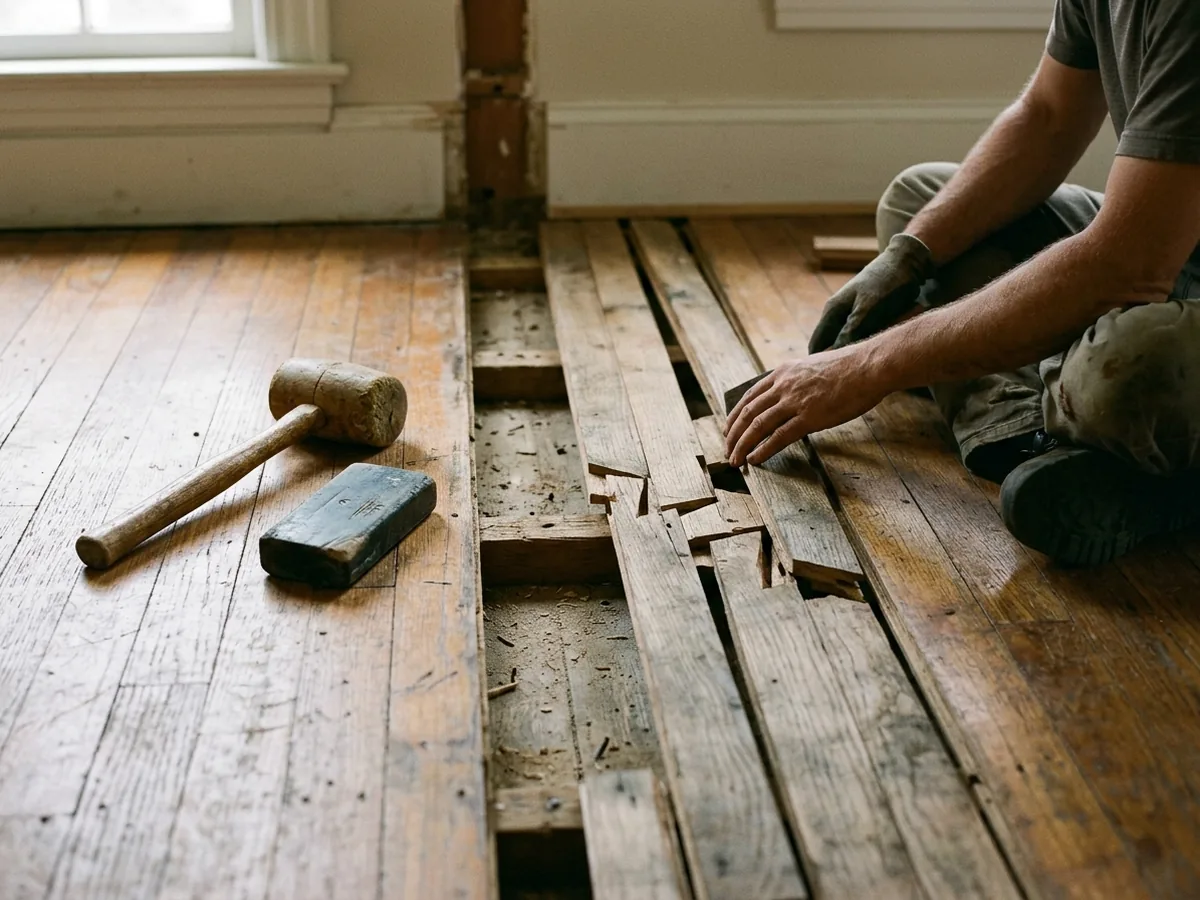 New-old salvaged oak boards woven into a gap in an original oak strip floor with staggered joints