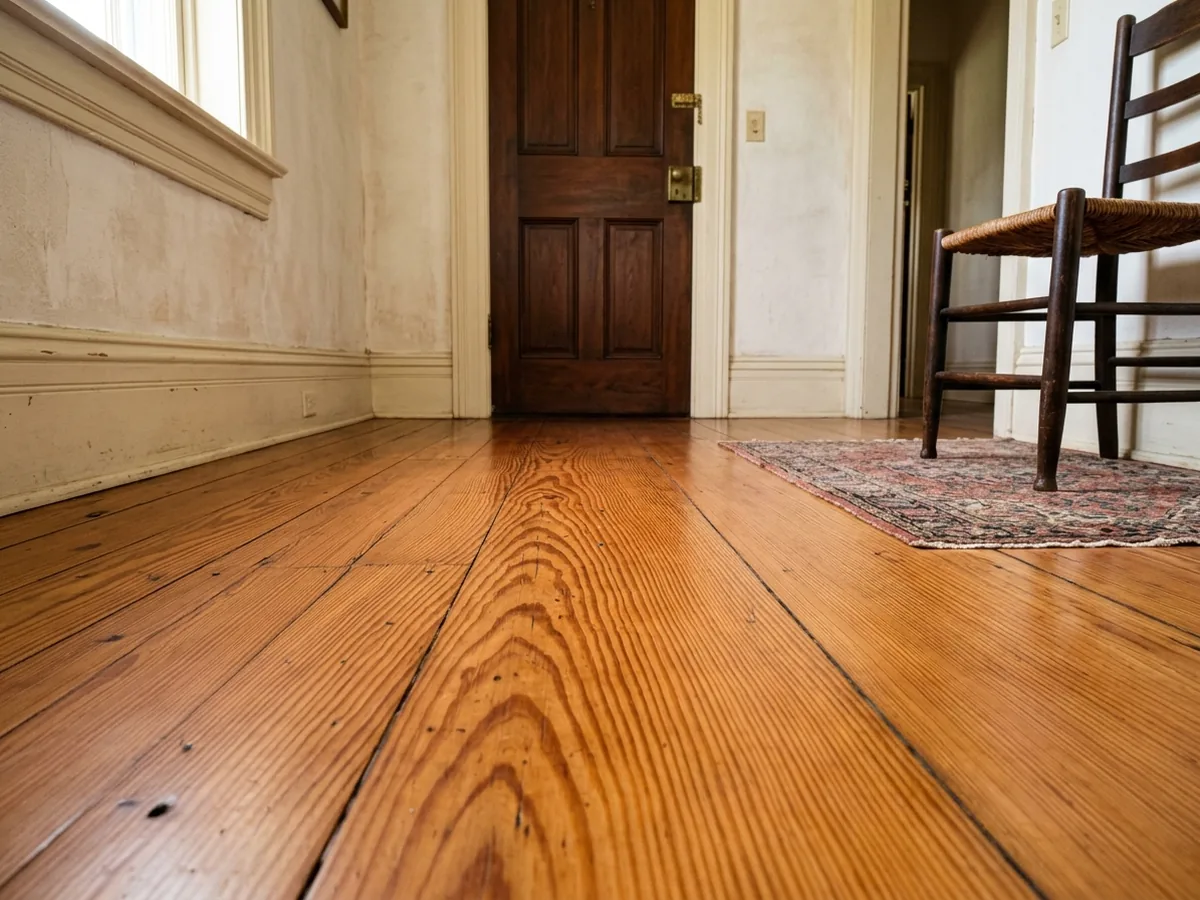Reclaimed longleaf heart pine floor with tight orange-brown growth rings and a satin finish