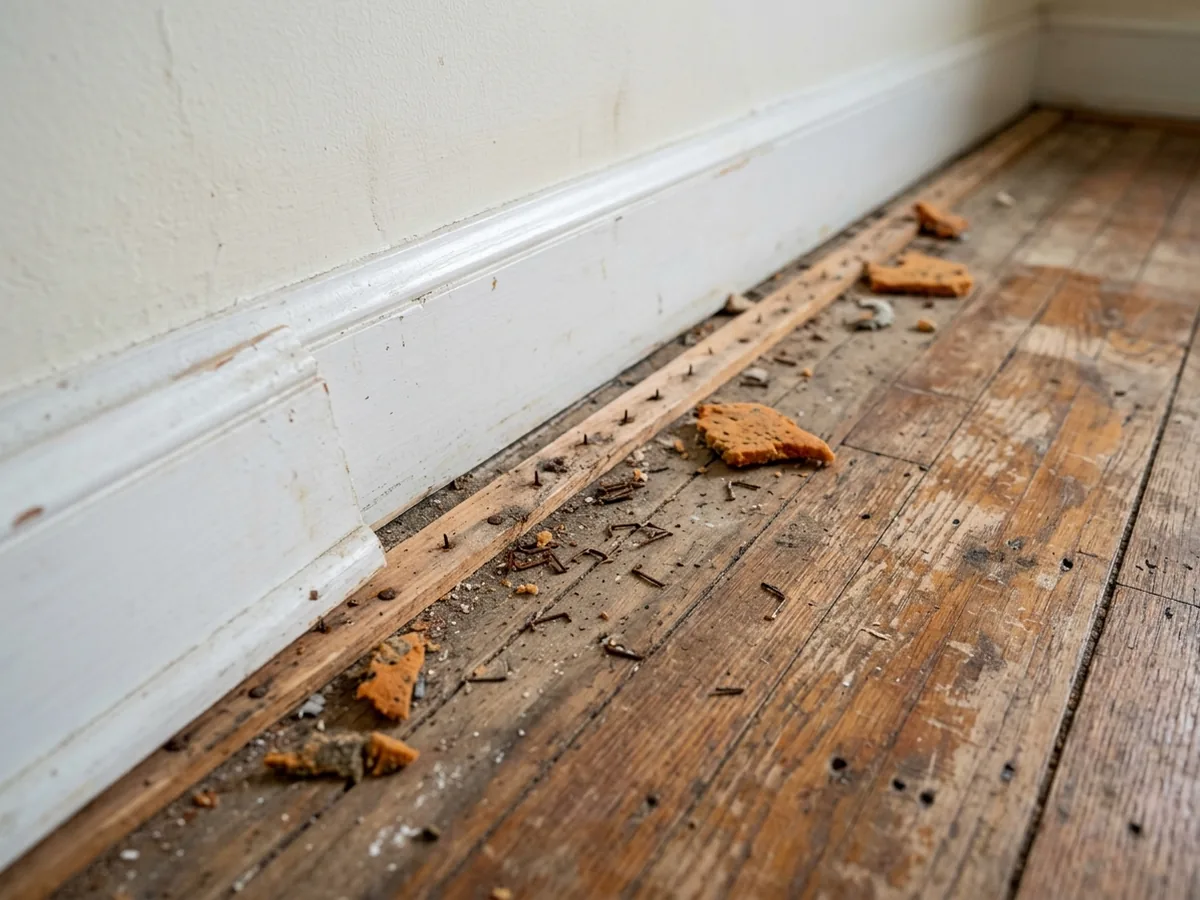 Old red oak strip floor with carpet tack strip and staples still along the wall