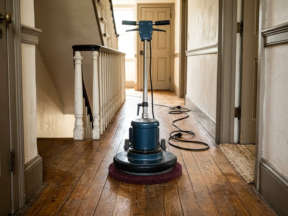 Floor buffer with a maroon pad resting on a dull satin-finished oak hallway floor