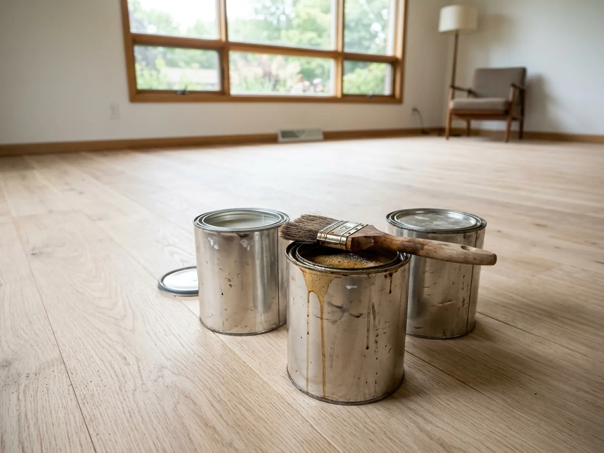 Three open cans of floor finish and stain next to a brush on a freshly sanded white oak floor