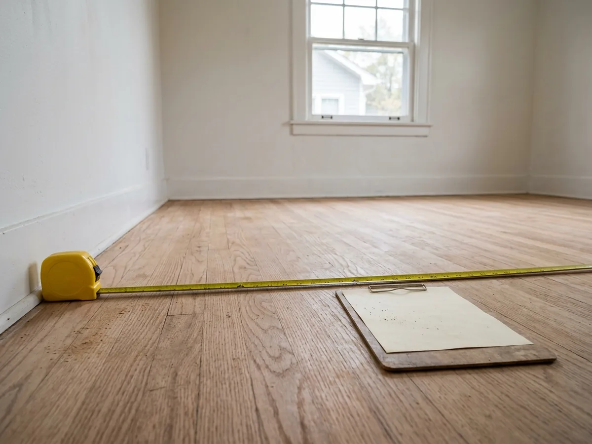 Tape measure stretched across a sanded oak floor beside a clipboard estimate sheet