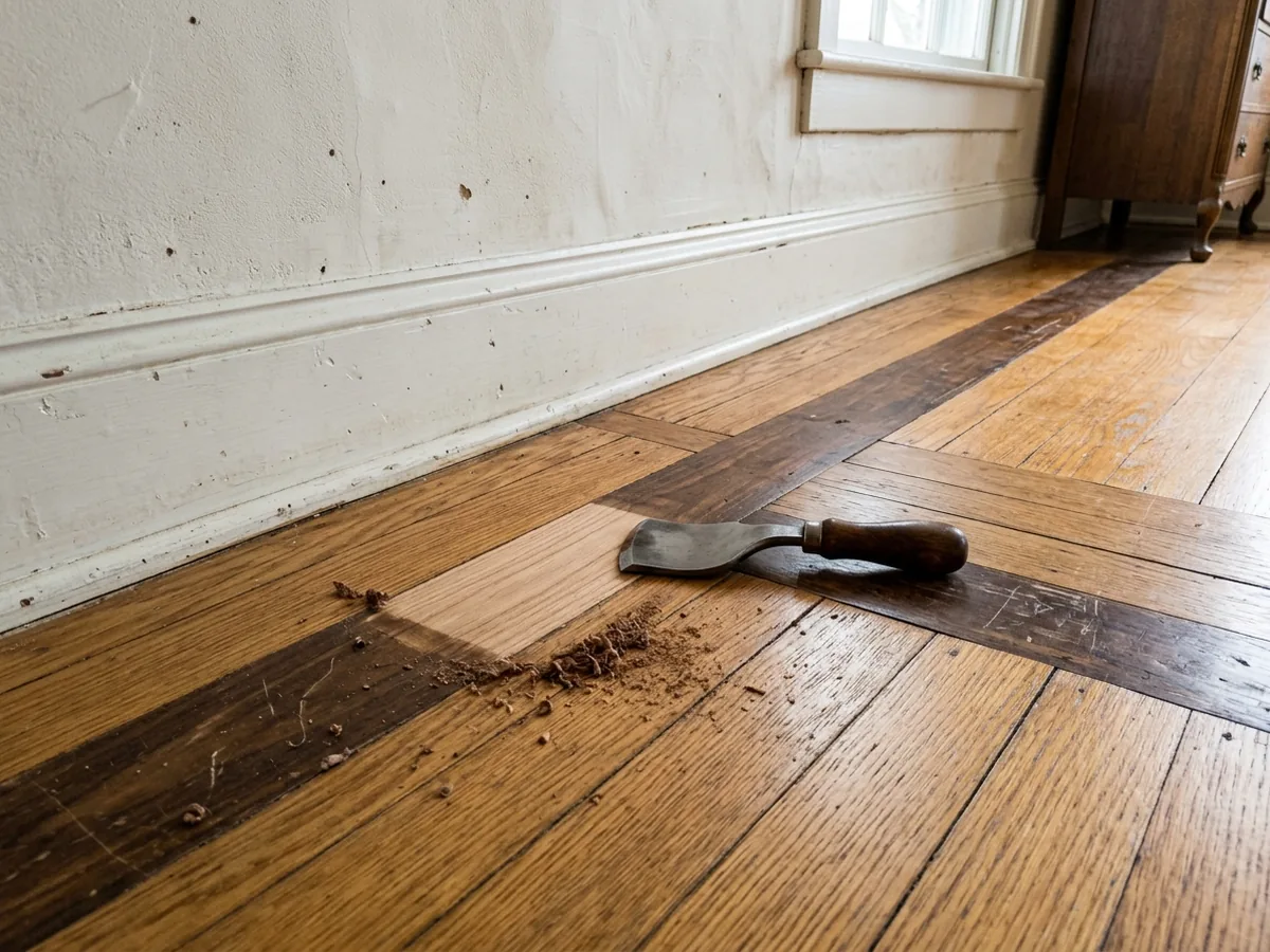 Original oak border strip with a contrasting walnut band being hand-scraped at a room corner