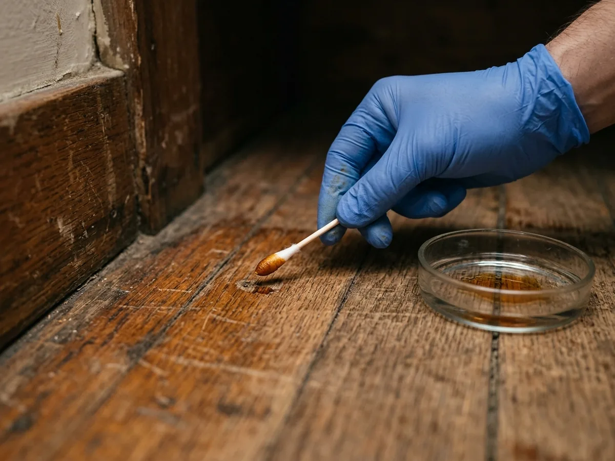 Cotton swab with dissolved amber finish held over an old shellac-coated oak floor