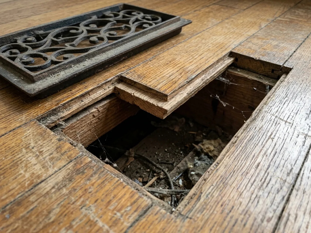Floor register removed showing the edge of an oak board with very little wood above the tongue