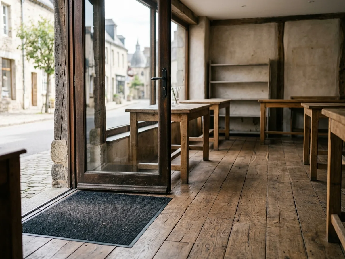 Wide oak floorboards inside a shop entrance with a walk-off mat at the door and empty display tables