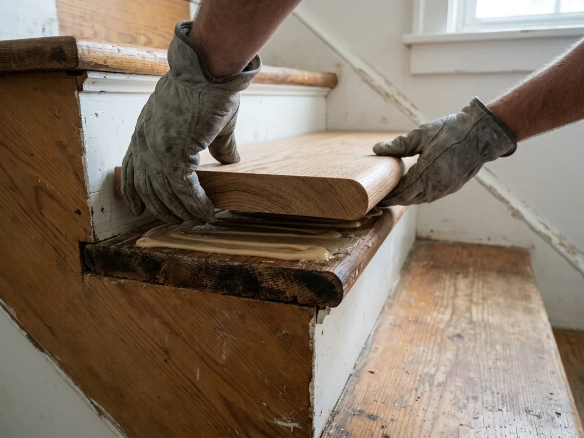 Hardwood retread cap being fitted over an old stair tread after the overhanging nosing was cut flush