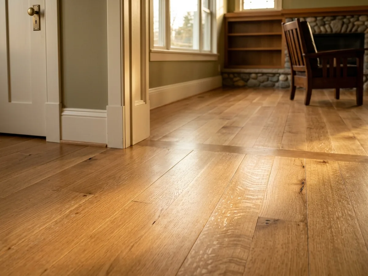 Rift and quartersawn white oak floor with tight straight grain and silvery ray flecks catching the light