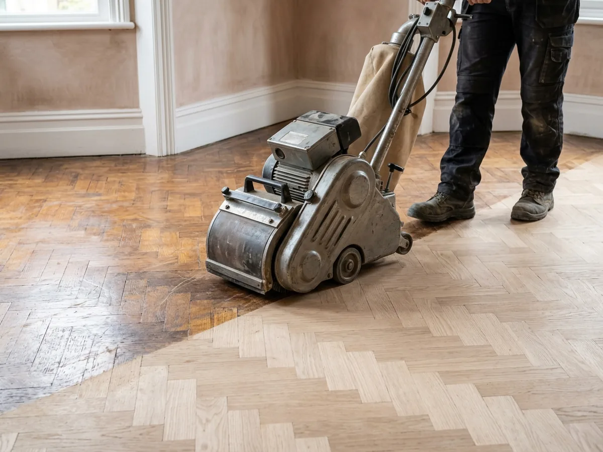 Drum sander running at a 45-degree angle across an oak parquet floor, half the floor sanded to bare wood