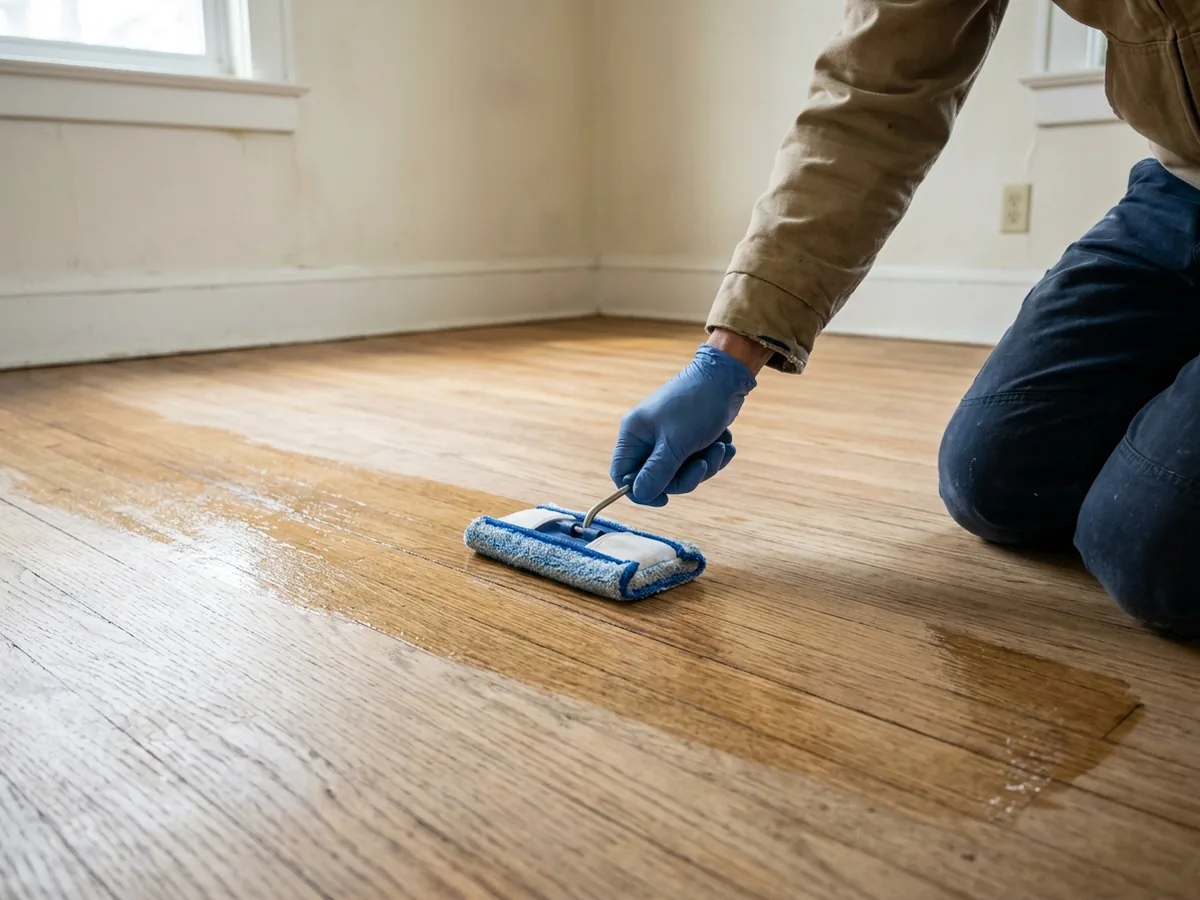 Gloved hand spreading a clear liquid bonding agent onto an oak floor with a flat applicator