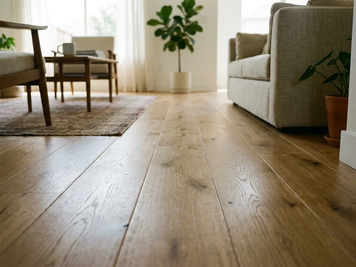 Close view of a prefinished oak plank floor with micro-beveled edges and a worn satin sheen