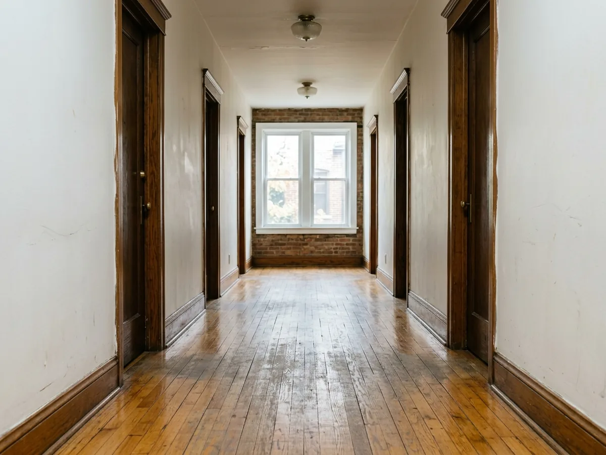 Empty apartment hallway with a lightly worn oak floor in a traffic path near the front door