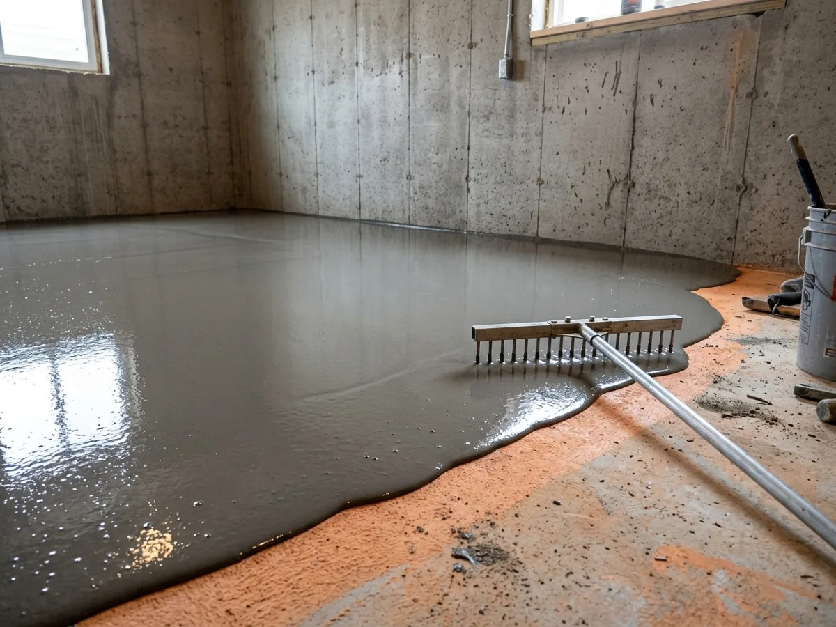 Self-leveling underlayment spreading across a primed concrete basement slab, a gauge rake at the edge