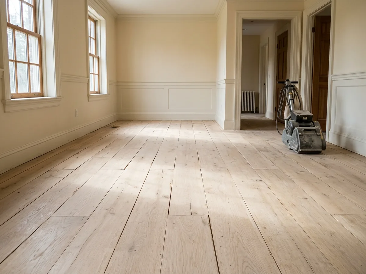Raw unfinished oak boards freshly nailed down with a sanding machine waiting in the doorway