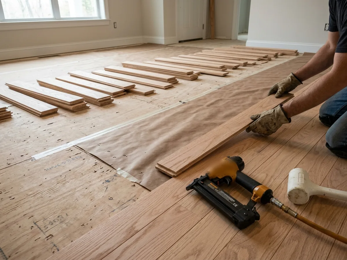 Installer nailing three-quarter-inch solid oak strip flooring over a plywood subfloor