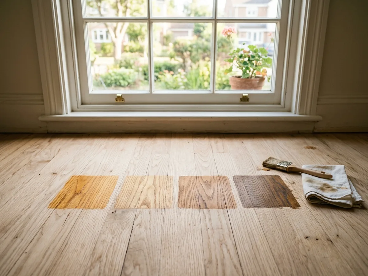 Several brown stain sample squares brushed side by side onto a sanded oak floor near a window