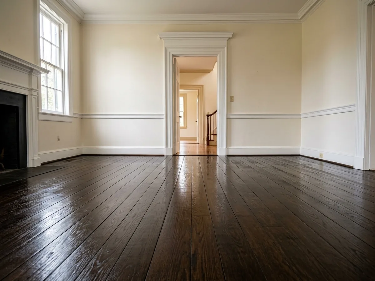 Freshly stained dark ebony oak floor with a deep even color and a damp sheen
