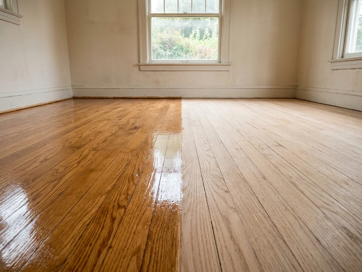 Freshly sanded red oak strip floor with a clear coat applied to one half showing the warmer wet look