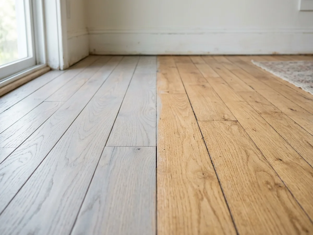 Pale whitewashed oak boards beside darker natural oak boards on a sanded floor