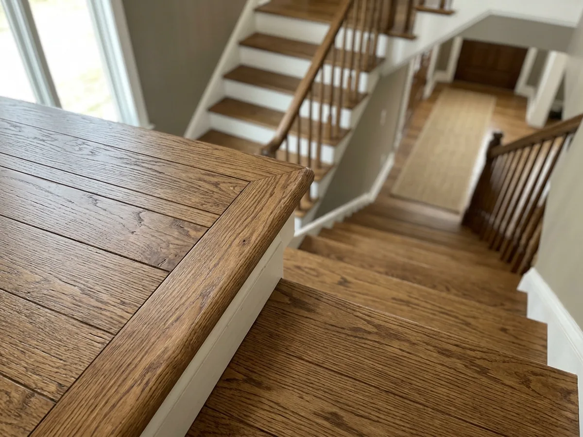 Oak stair nose molding at the edge of a hardwood landing above a flight of oak treads