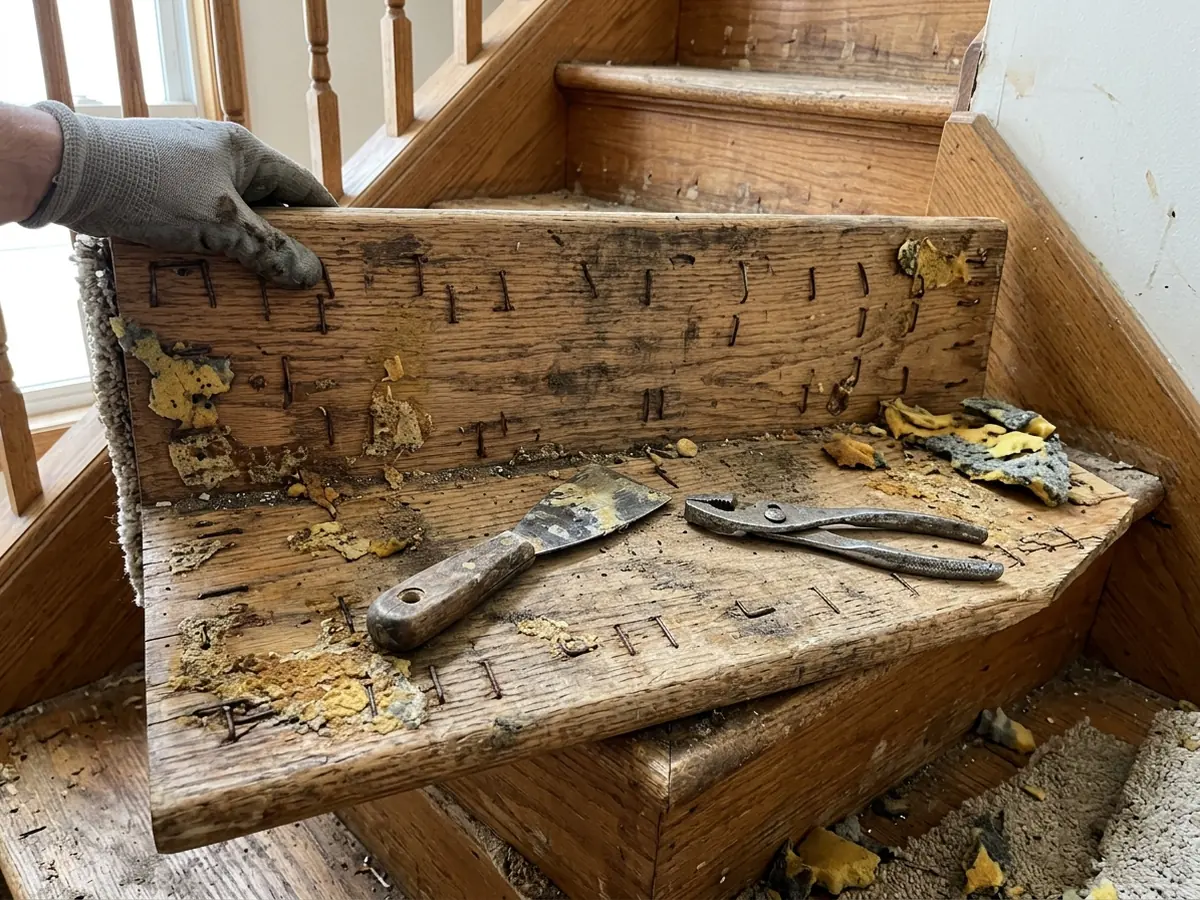 Bare wooden stair tread with leftover carpet pad staples and dried glue being scraped off