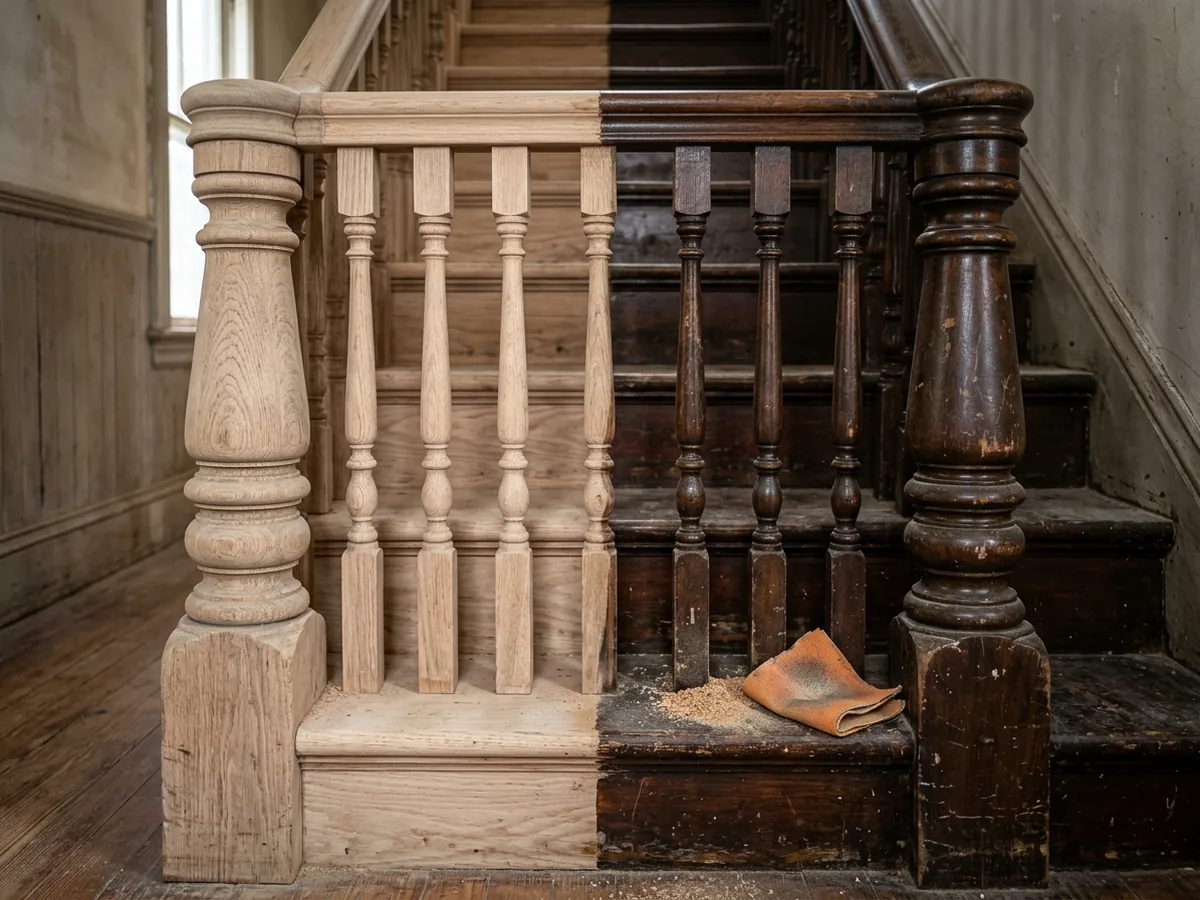 Close view of turned oak balusters and a newel post with half the finish stripped to bare wood