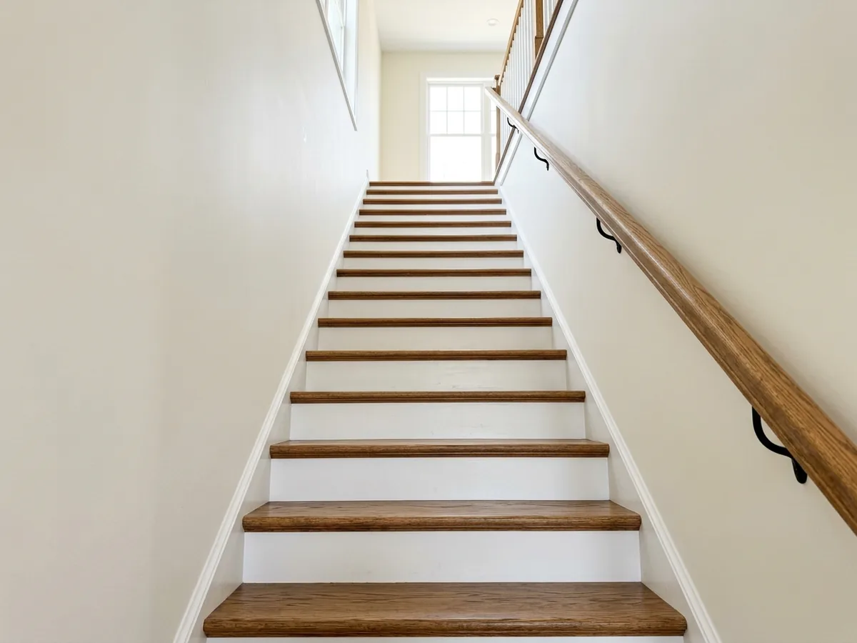 Staircase with stained oak treads and crisp white painted risers meeting at a straight line