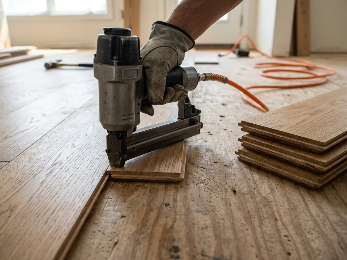 Pneumatic stapler driving a staple through the tongue of an engineered plank over plywood
