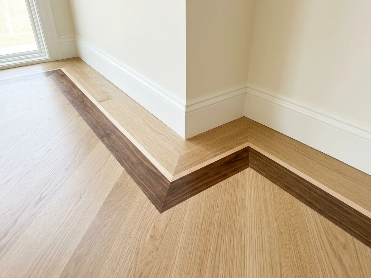 Light oak floor framed by a walnut border band with mitered corners, a thin maple feature strip running inside it