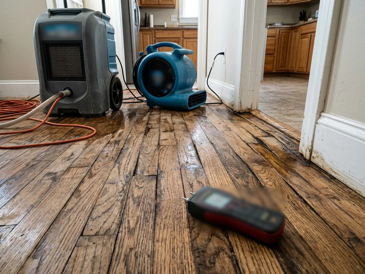 Cupped oak floorboards with raised edges near a kitchen sink cabinet