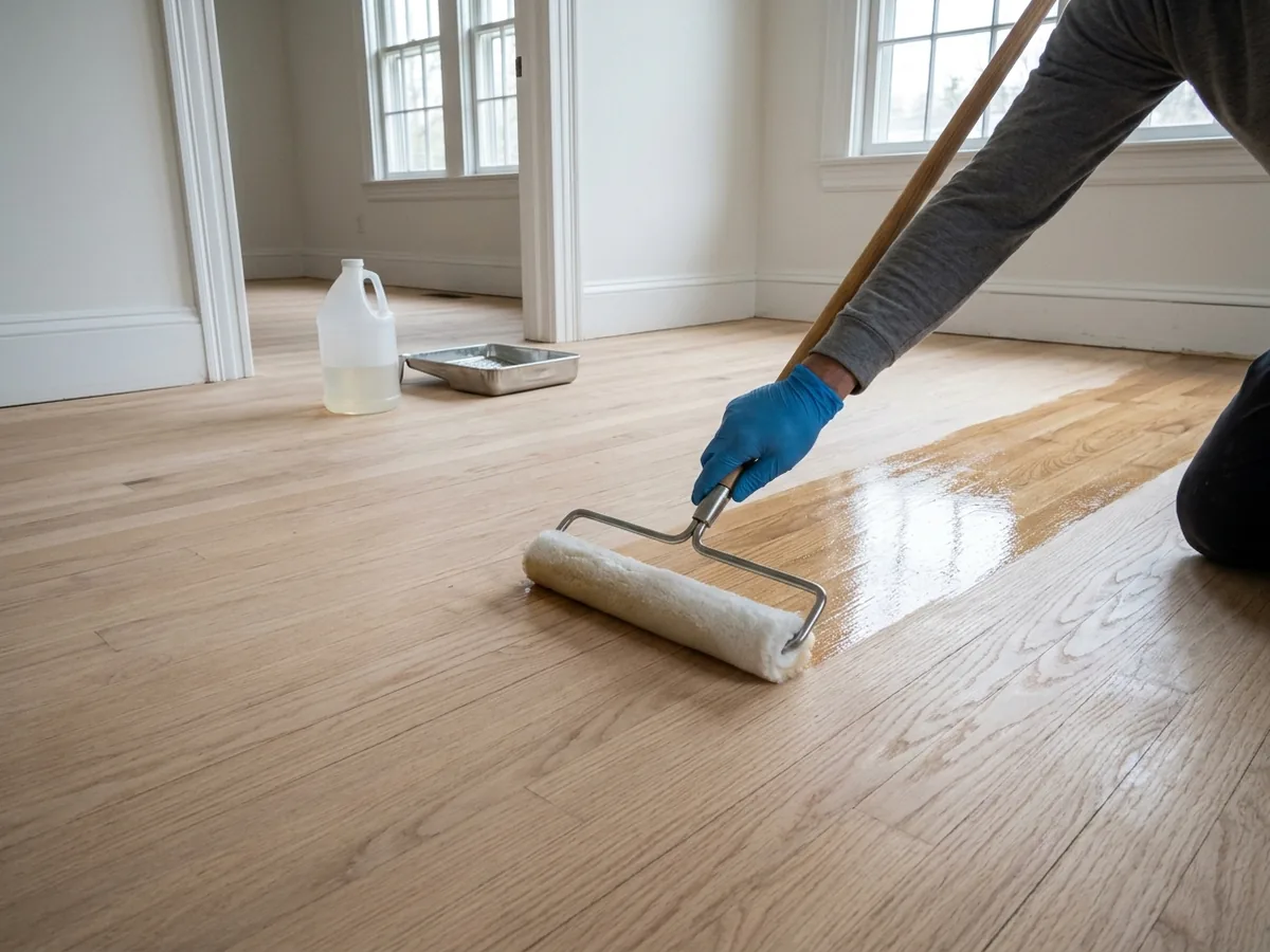 Applicator pad spreading clear waterborne polyurethane over freshly sanded pale oak