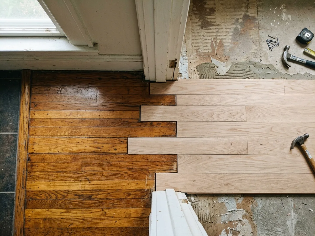 New unfinished oak boards woven into an older oak floor where kitchen tile was removed, end joints staggered