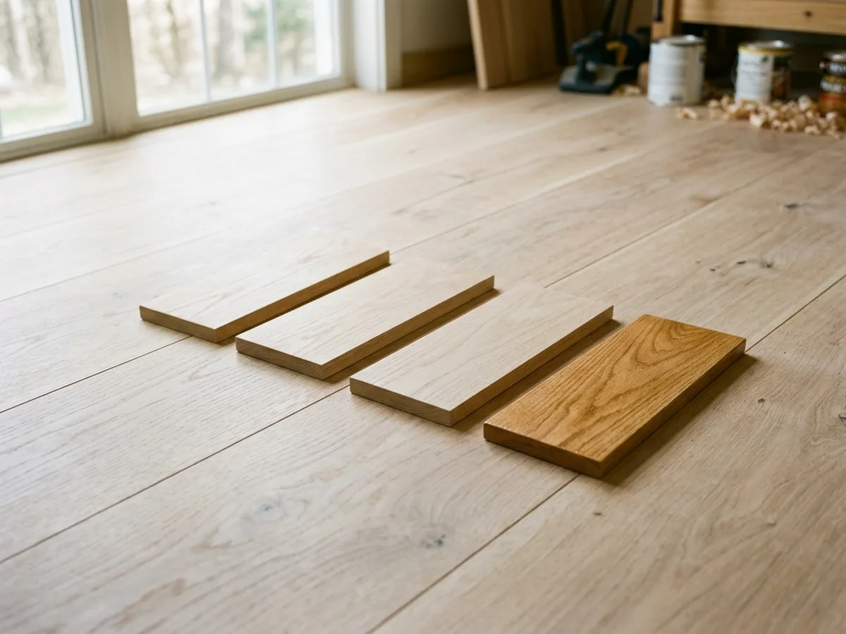 Row of white oak sample boards coated with clear matte finishes, one turned slightly amber, on a sanded floor